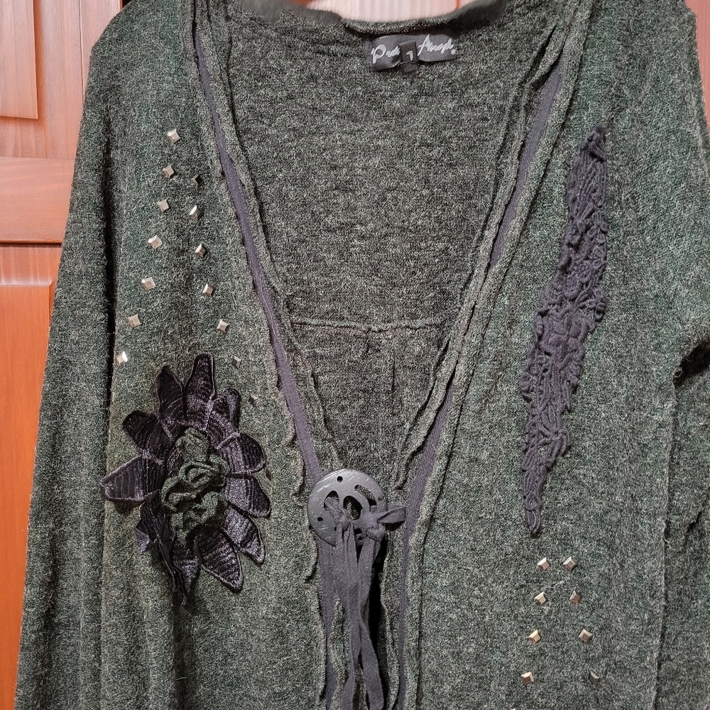 Pretty Angel Boho Floral Artsy Art To Wear Long Duster Cardigan Gray | L - Picture 2 of 8